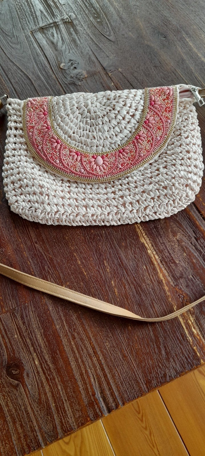 tasje 20x30, roze, met lang lichtbruin hengsel, met rits, Ophalen, Zo goed als nieuw, Roze, Schoudertasje