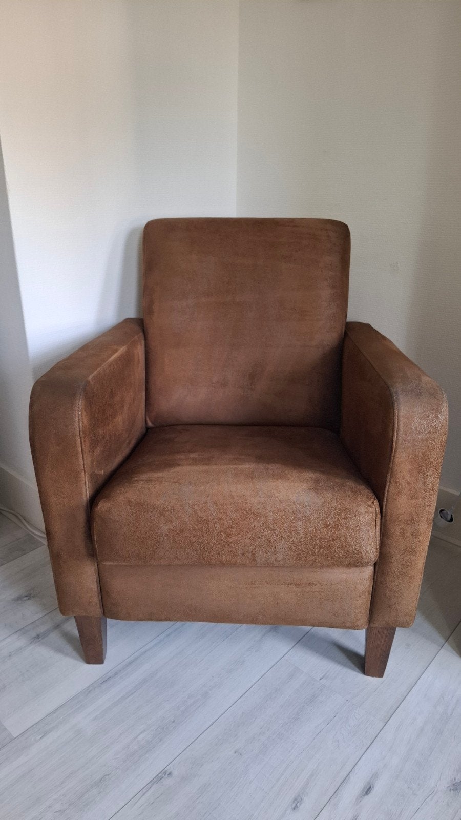 Suède leren fauteuil bruin, Ophalen, Gebruikt, 75 tot 100 cm, Leer