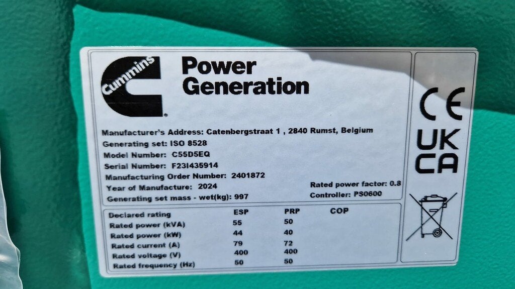 CUMMINS C55D5eQ open set, 55kVA, Stamford, voorraad, nieuw