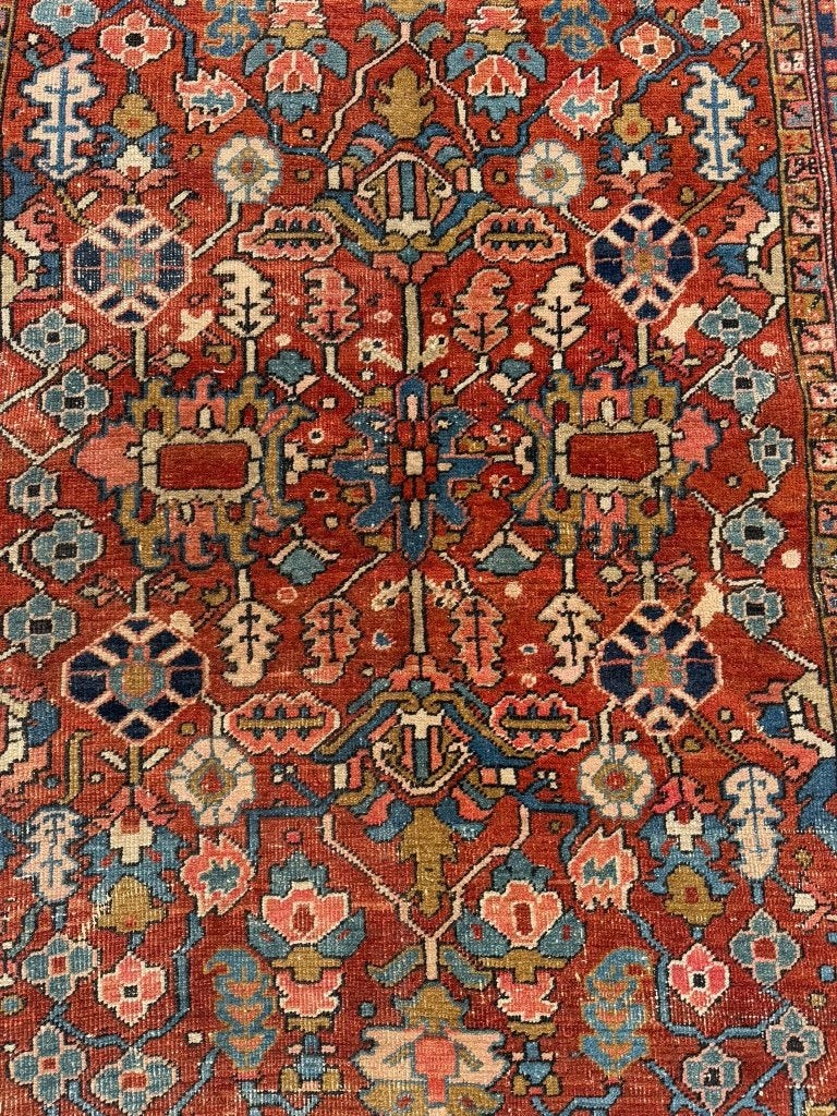 Antiek Heriz tapijt –225x202cm– uniek geometrisch design, Gebruikt, Wol, 200 cm of meer, Ophalen of Verzenden
