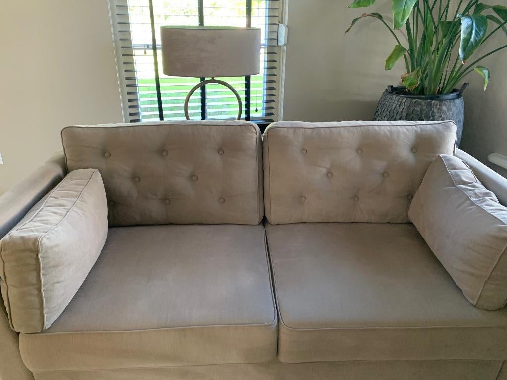 Bank Landelijk modern chique beige stoffen bank, Ophalen, Gebruikt, Tweepersoons, 75 tot 100 cm