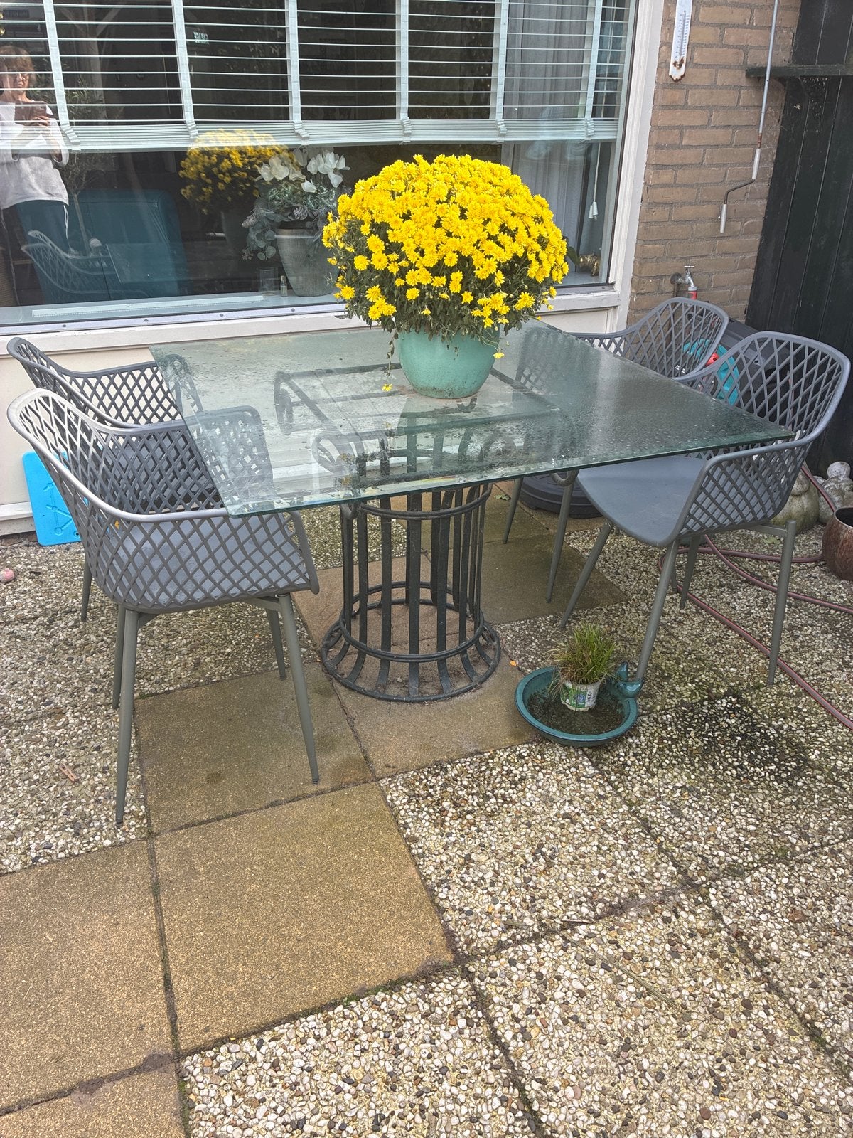 Tuinset: Tafel met ijzeren onderstel en 4 stoelen, Ophalen, Gebruikt, Rechthoekig, Metaal