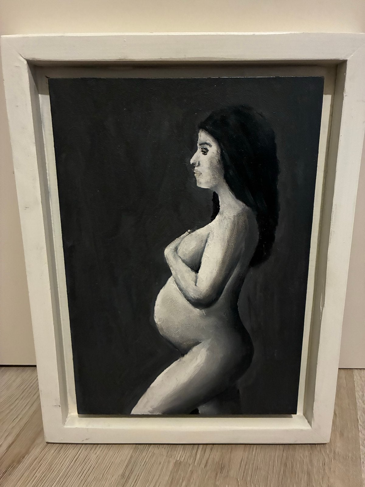 Zwart-wit schilderij zwangere vrouw,  Lara, Hout, Ophalen of Verzenden, Op houten frame, Figuren