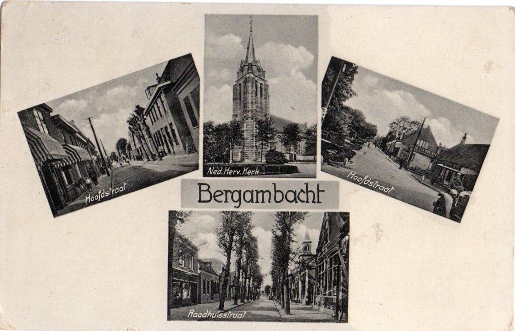 Bergambacht, Groet uit met vier dorpsgezichten. 7111, Verzamelen, Ansichtkaarten | Nederland, Verzenden, 1920 tot 1940, Gelopen
