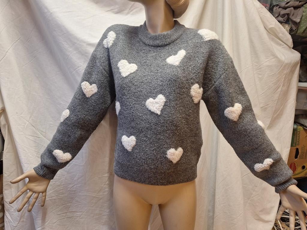 Grijze trui hartjes, Kleding | Dames, Truien en Vesten, Ophalen of Verzenden, Zo goed als nieuw, Maat 34 (XS) of kleiner, Grijs