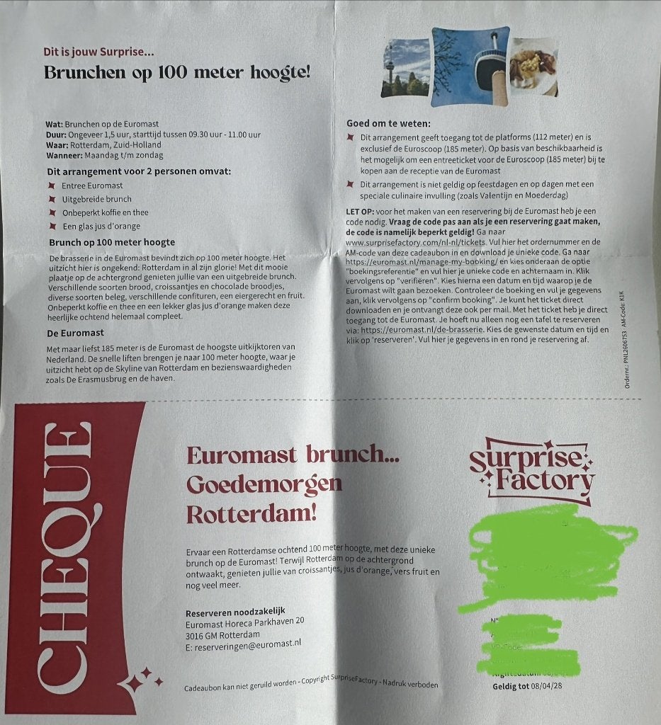 Bon brunch Euromast, Twee personen, Arrangement, Ticket of Toegangskaart