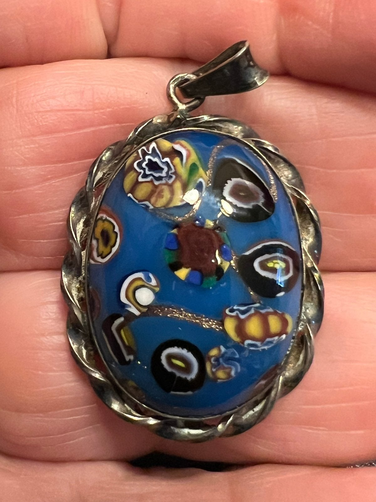 Antieke Murano Millefiori hanger+aventurine in zilversetting, Ophalen of Verzenden, Zilver, Hanger