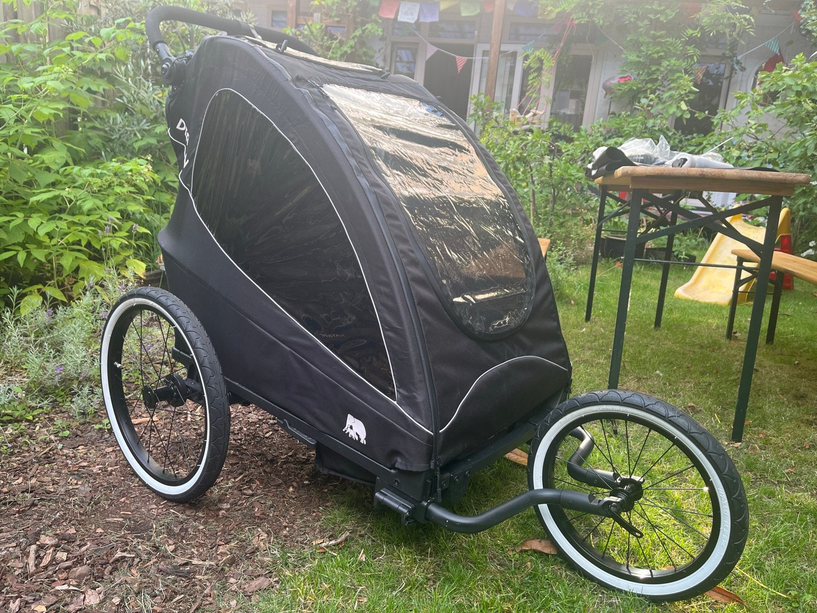 Deryan fietskar en hardloop kinderwagen 2 persoons, Luchtbanden, Zo goed als nieuw, Combiwagen, Ophalen