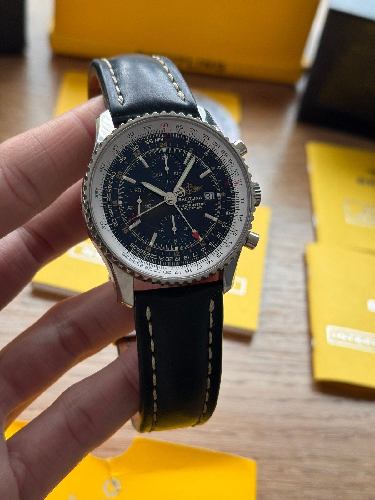 Breitling Navitimer World GMT Full Set Doos en Papieren, Ophalen, Staal, Breitling, Polshorloge