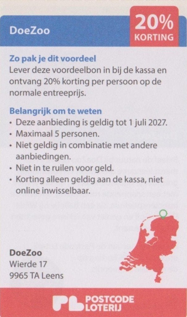 Doezo. Leens. 20% korting. Postcodeloterij voordeelbon., Drie personen of meer, Kortingskaart