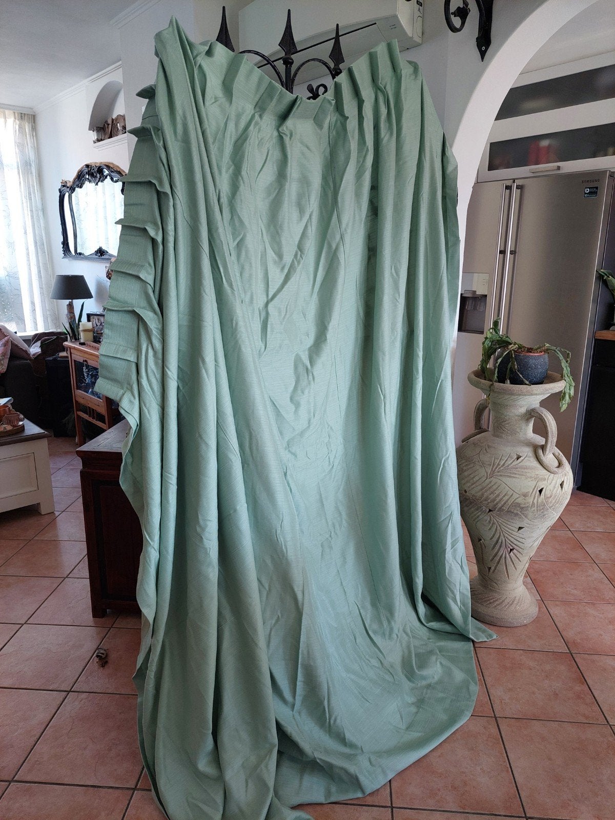 2 prachtige mintgroene overgordijnen, Ophalen of Verzenden, Zo goed als nieuw, Groen, Overgordijn