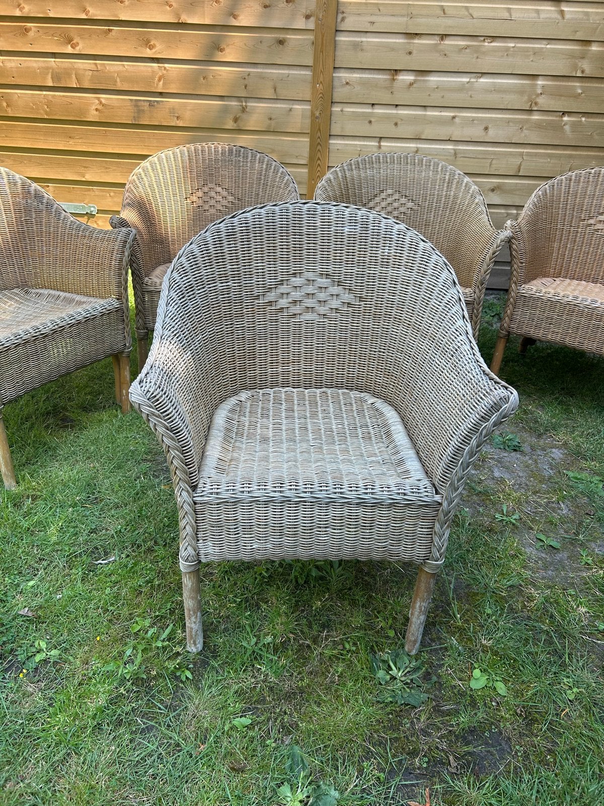 5 rieten stoelen, Huis en Inrichting, Stoelen, Ophalen, Gebruikt, Bruin, Riet of Rotan