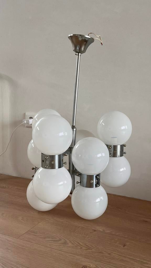 Unieke originele italiaanse vintage melkglas bollen hanglamp, Huis en Inrichting, Lampen | Hanglampen, Ophalen, Zo goed als nieuw