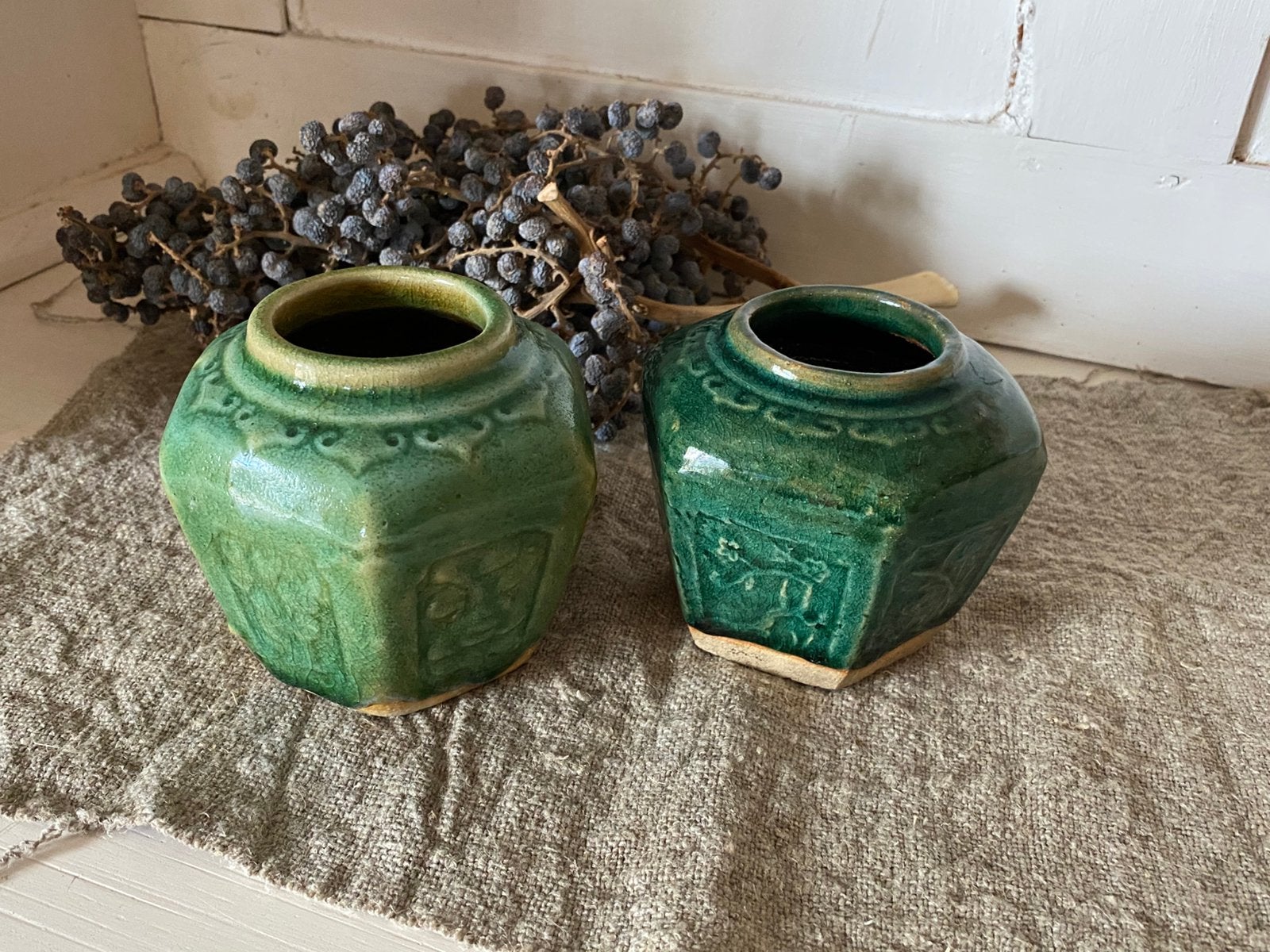 Brocante set van 2 oude gember potjes, Ophalen of Verzenden