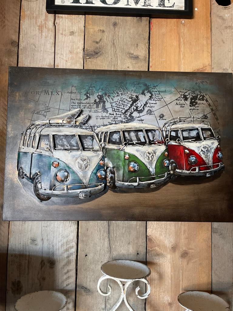 Nieuwe Wanddecoratie 75x50cm 3D VW busjes met wereldkaart, Ophalen, Metaal, Gebruikt, Meerkleurig