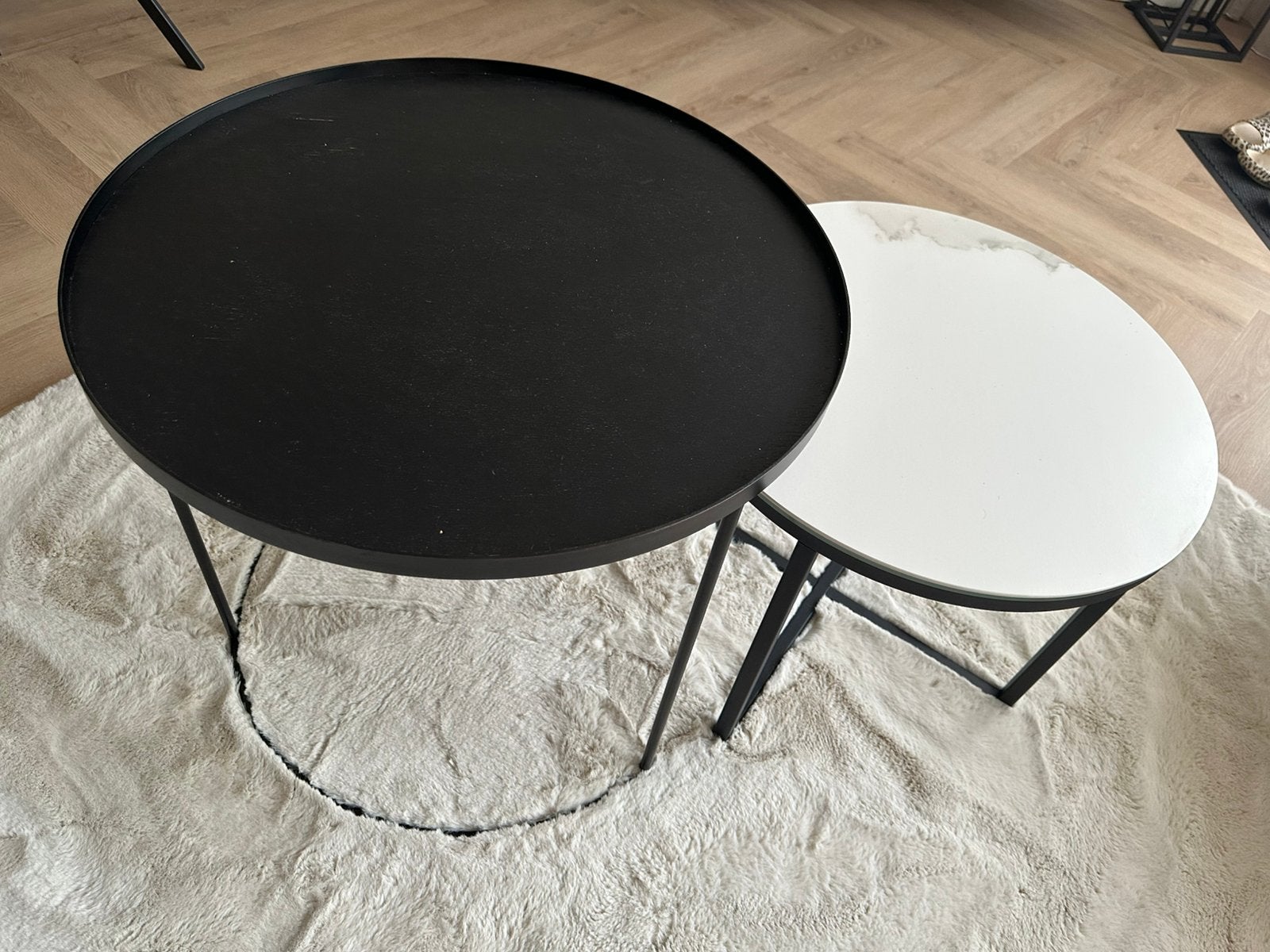 Salon tafel set van 2 zwart en marmer wit, 50 – 75, Gebruikt, 50 tot 100 cm, Rond