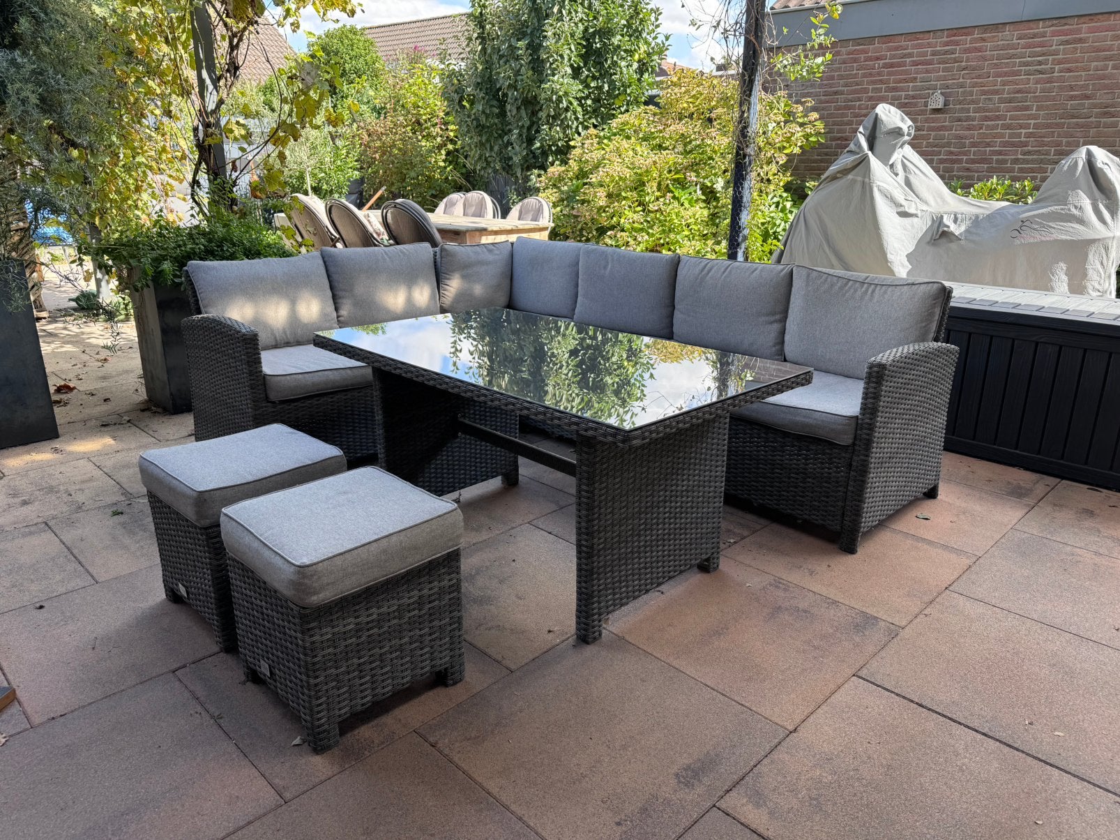 Complete loungeset, hoekbank, tafel en 2 hockers, Ophalen, Gebruikt, Bank, Loungeset