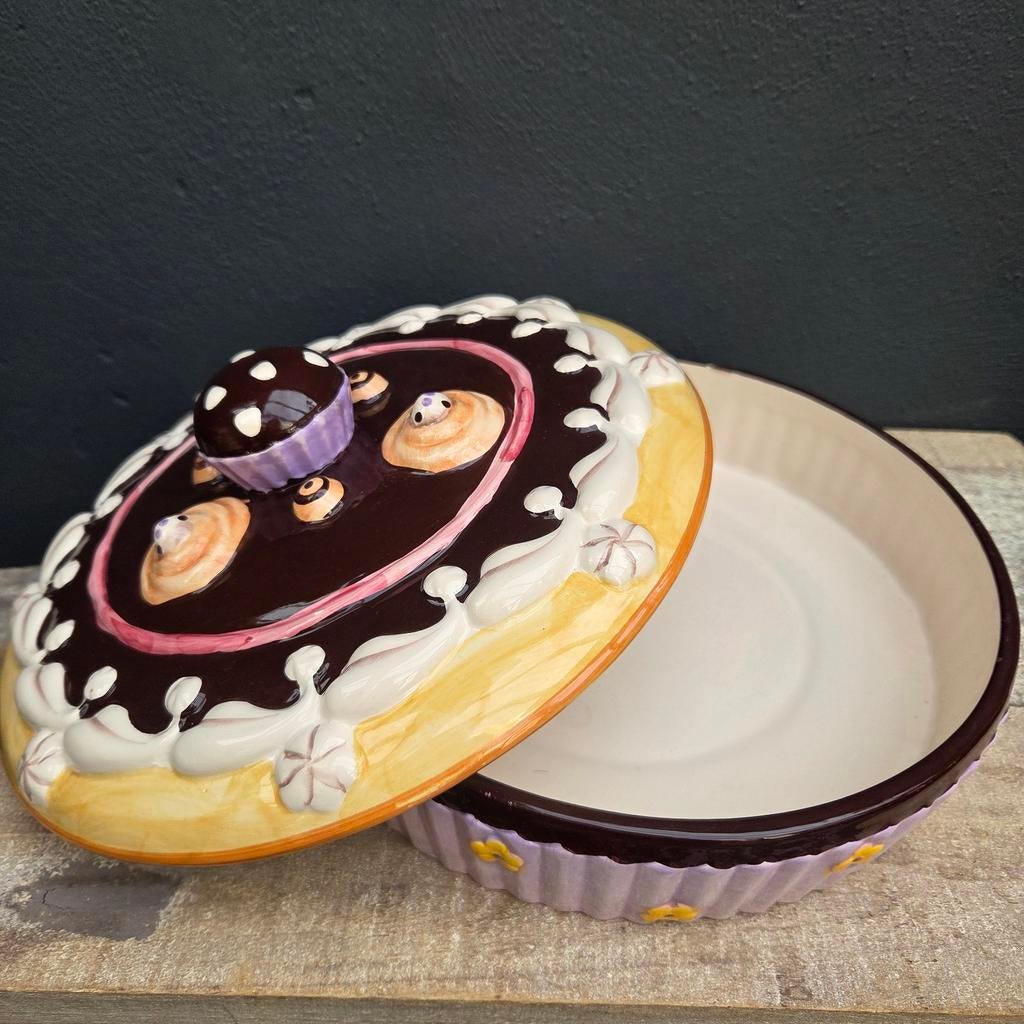 Fontebasso handbeschilderde taartschaal met deksel, chocolad, Ophalen of Verzenden