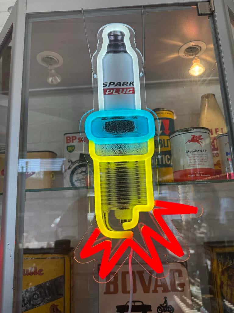 Vintage Neon Bougie Reclamebord - Spark Plug, Verzamelen, Ophalen, ., Lichtbak of (neon) lamp, Zo goed als nieuw