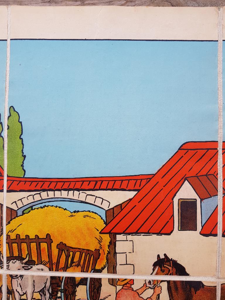 De boerderij oude schoolplaat uit Frankrijk litho op canvas., Ophalen of Verzenden