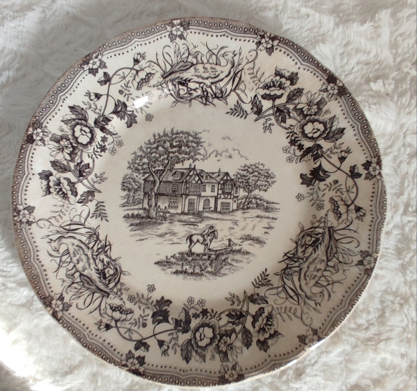 Antiek bord met landschap en vogels, 24 cm, Verzenden