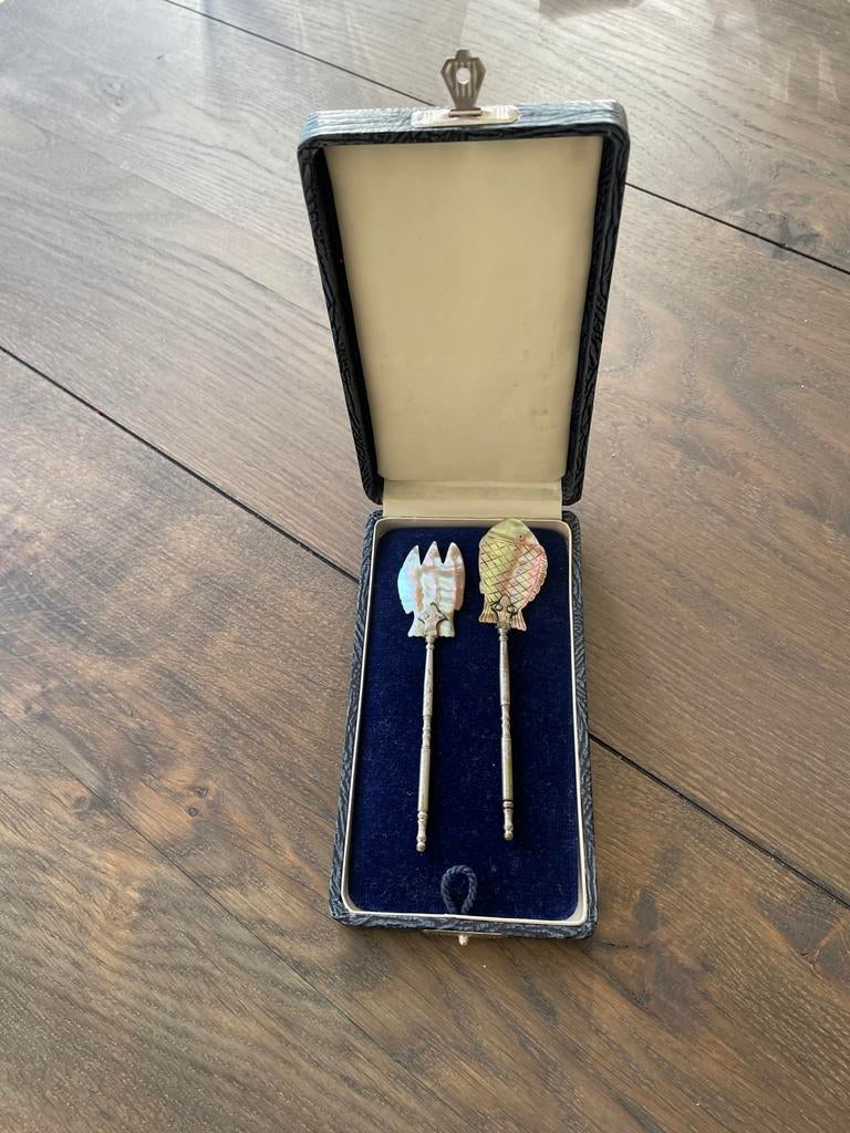 Vintage Parelmoer Vorkje en Lepeltje in Doosje, Ophalen of Verzenden