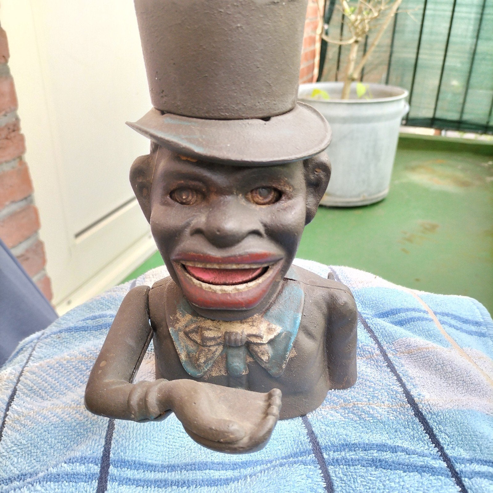 Antieke Jolly Nigger Bank spaarpot, gietijzer, Verzamelen, Spaarpotten, Ophalen of Verzenden, Gebruikt, Metaal of Blik, Overige thema's