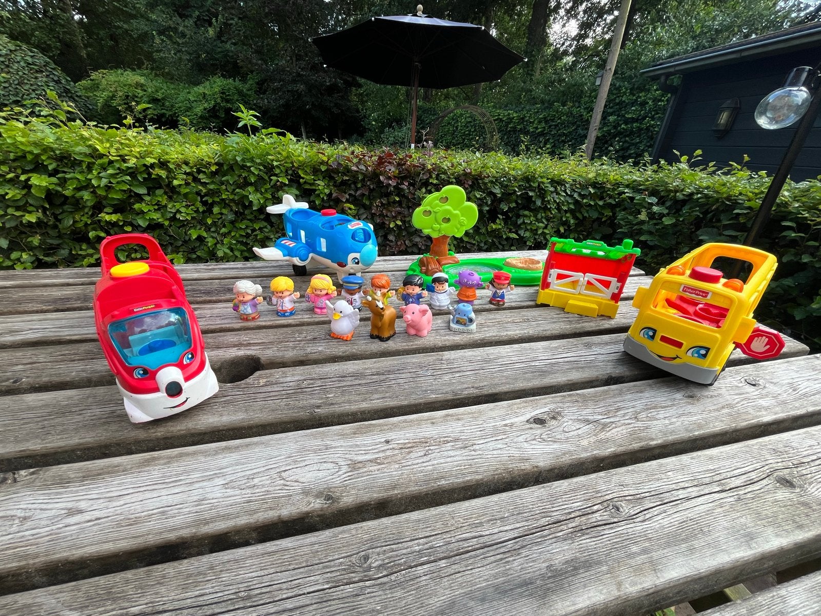 Fisher Price Little People: Vliegtuig, Trein, Schoolbus, Sta, Ophalen of Verzenden, Gebruikt, Jongen of Meisje