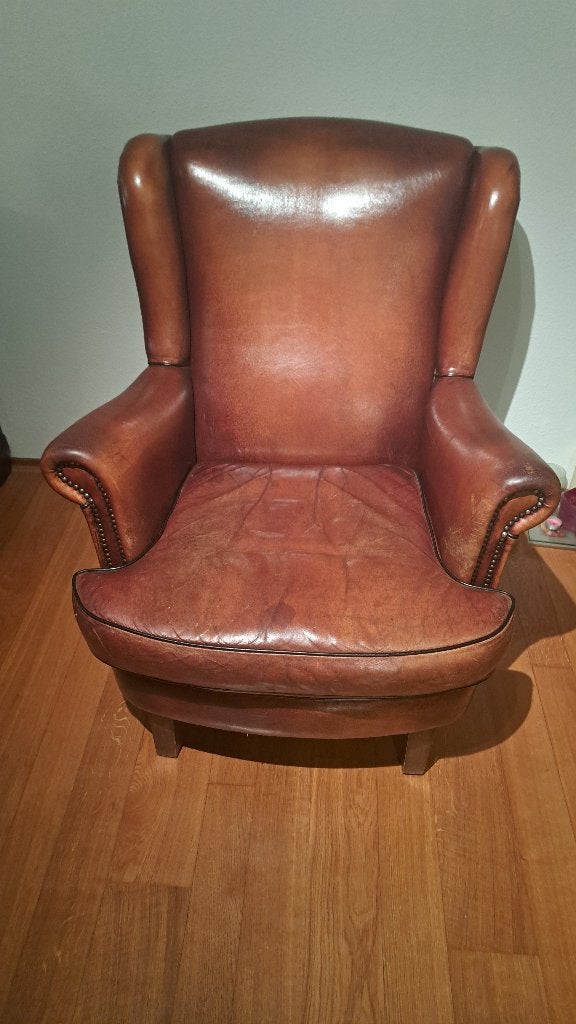 Schapenleren fauteuil., Huis en Inrichting, Ophalen, Gebruikt, 50 tot 75 cm, Hout