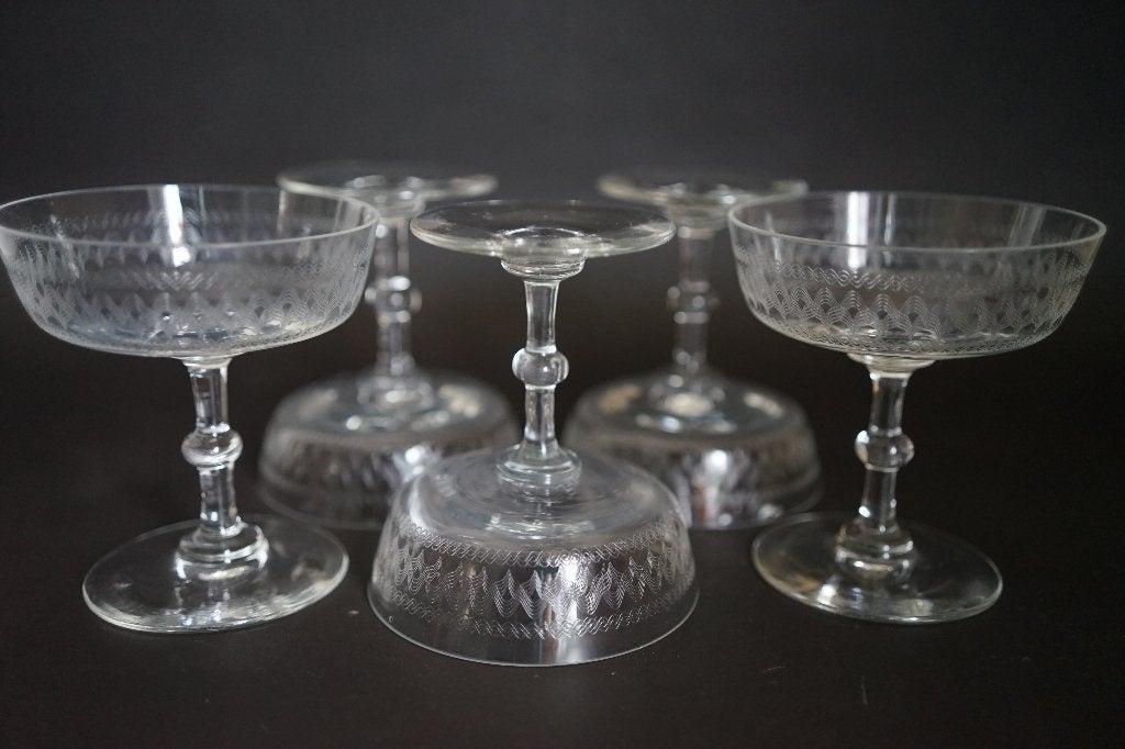 antiek glas champagne coupe guilloche motief 5x, Antiek en Kunst, Ophalen of Verzenden