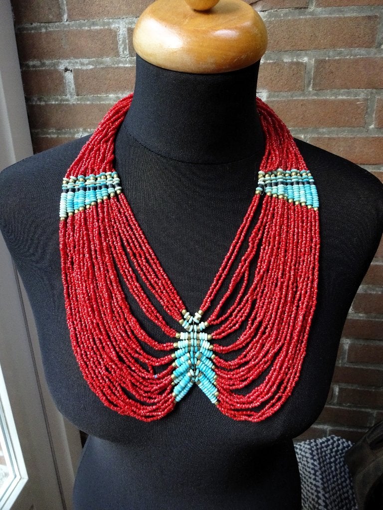 Etnische boho-stijl Multi-streng statement ketting, Verzenden, Nieuw, Rood, Overige materialen