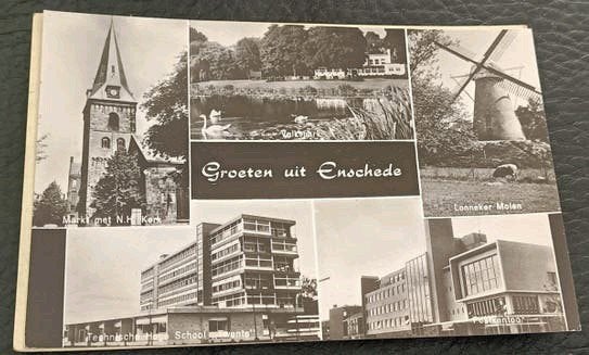 Enschede..6-luik. Molen Kerk School Post Park, Verzamelen, Ansichtkaarten | Nederland, Ophalen of Verzenden, 1960 tot 1980, Gelopen