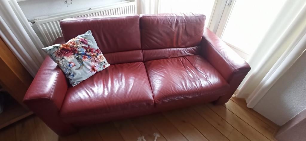 Bankstel, 2 en 3 zits, rood leer, Huis en Inrichting, Banken | Bankstellen, Ophalen, Gebruikt, Rechte bank, Leer