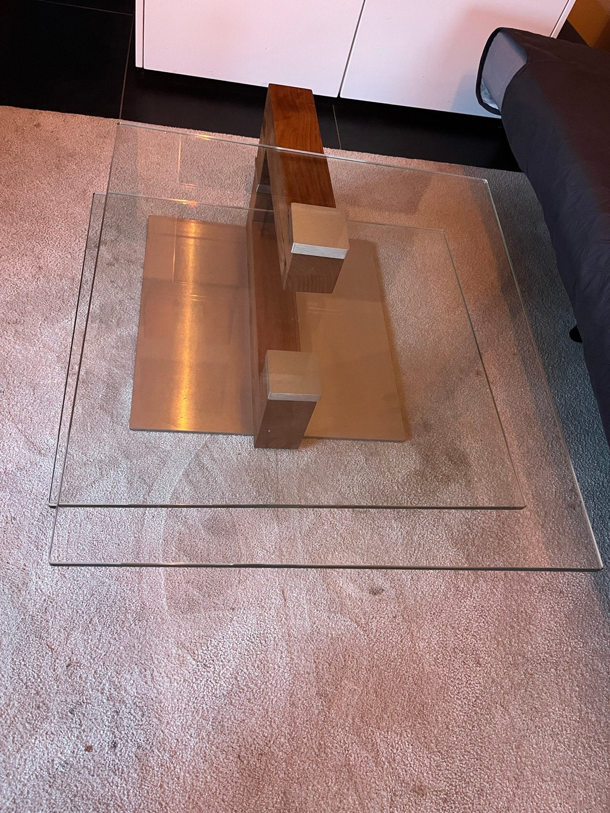 Glazen salontafel met houten en RVS onderstel, Ophalen, Gebruikt, 100 tot 150 cm, Vierkant