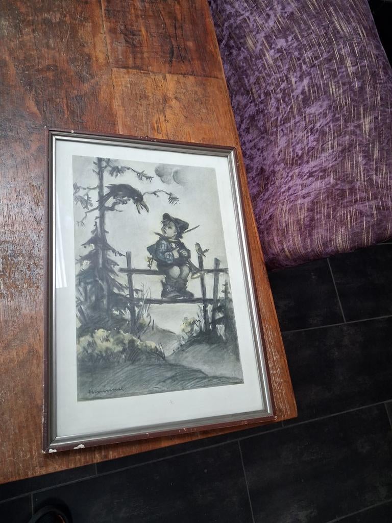 Originele Hummel prent, jongen op hek met vogel, 38x27 cm, Antiek en Kunst, Ophalen of Verzenden