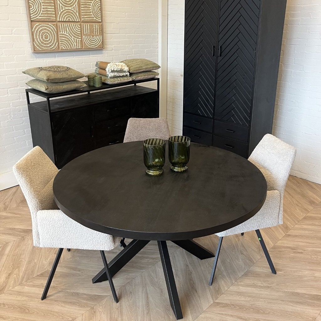 Magazijn Leegverkoop Ronde eettafel zwart mangohout matrix, Hout, Zwart, Nieuw, Ophalen of Verzenden
