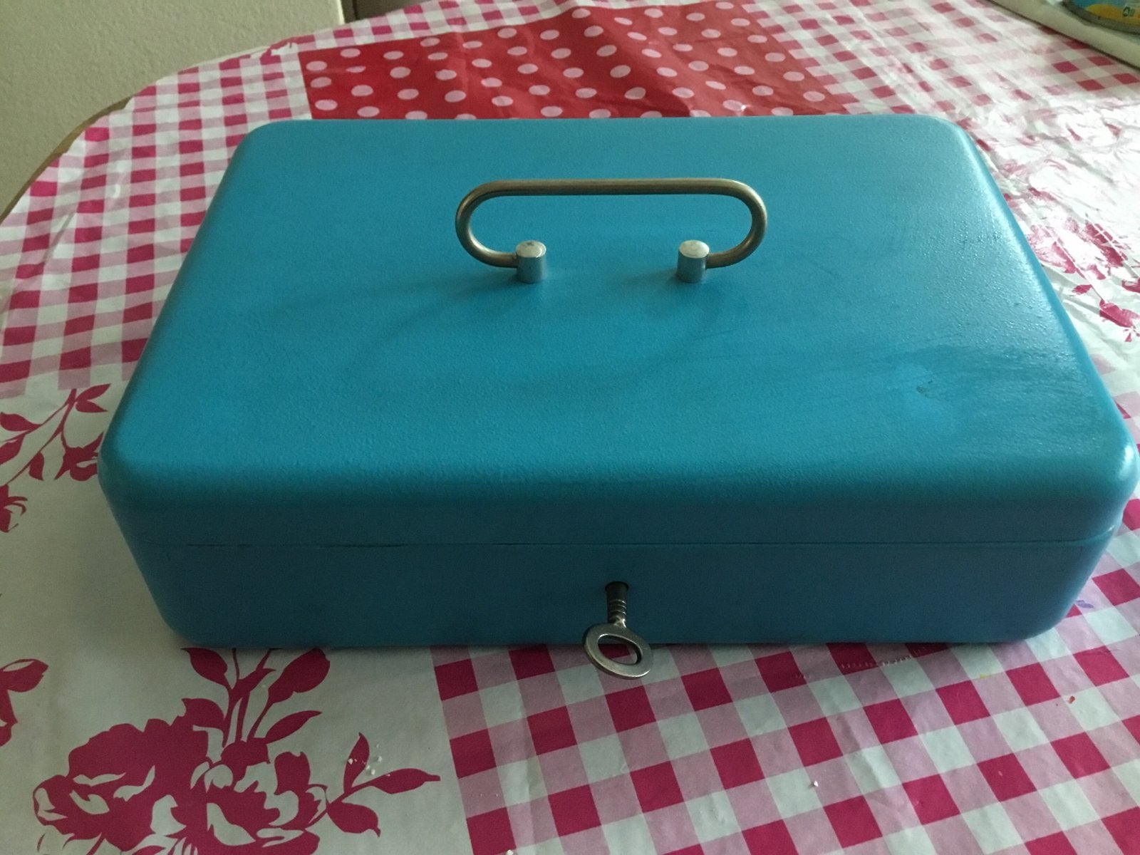 Vintage blauwe geldkist met sleutel, Ophalen of Verzenden, Gebruikt