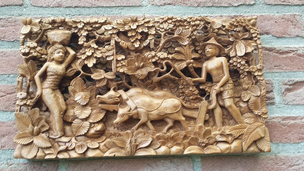 Wanddecoratie uit INDONESIË <> Houten 3-D PANEEL met 2 OSSEN, 40 cm, Hout, Zo goed als nieuw, Bruin