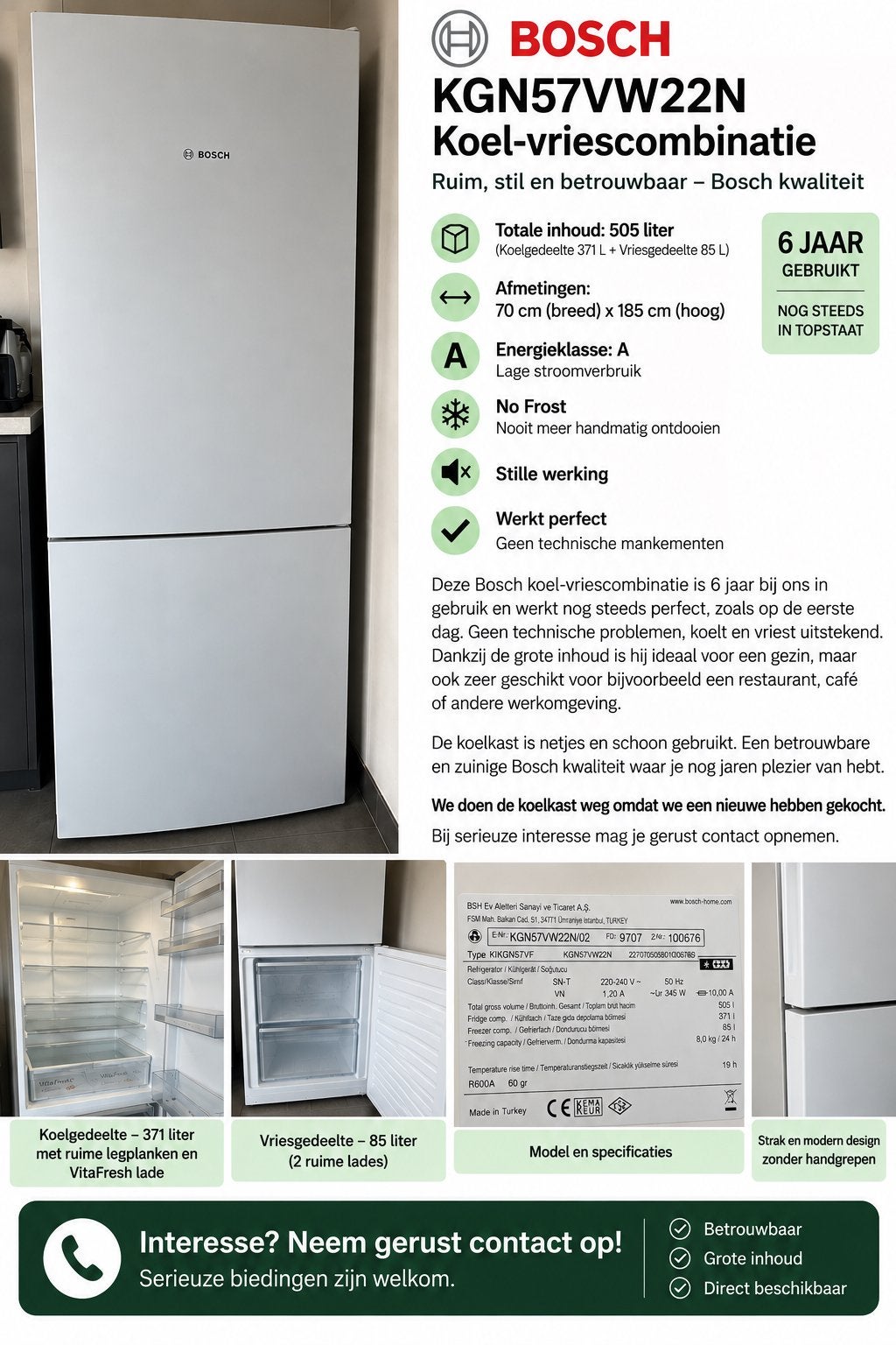 Bosch KGN57VW22N koel-vriescombinatie, Witgoed en Apparatuur, Ophalen, 200 liter of meer, 60 cm of meer, Met aparte vriezer