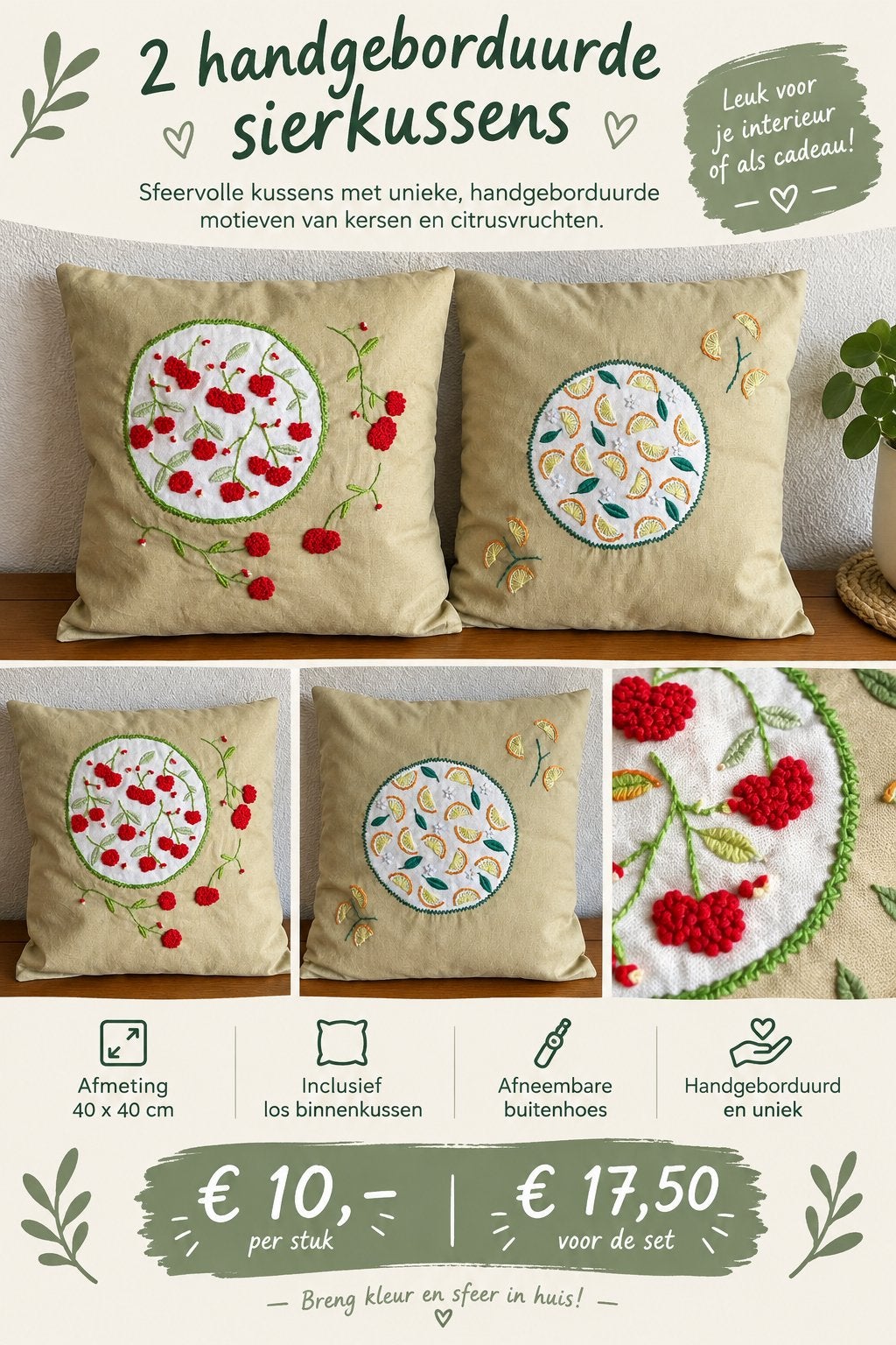 2 Nieuwe Handgeborduurde Sierkussens met Fruitmotief, Meerkleurig, Afneembare hoes, Vierkant, Nieuw
