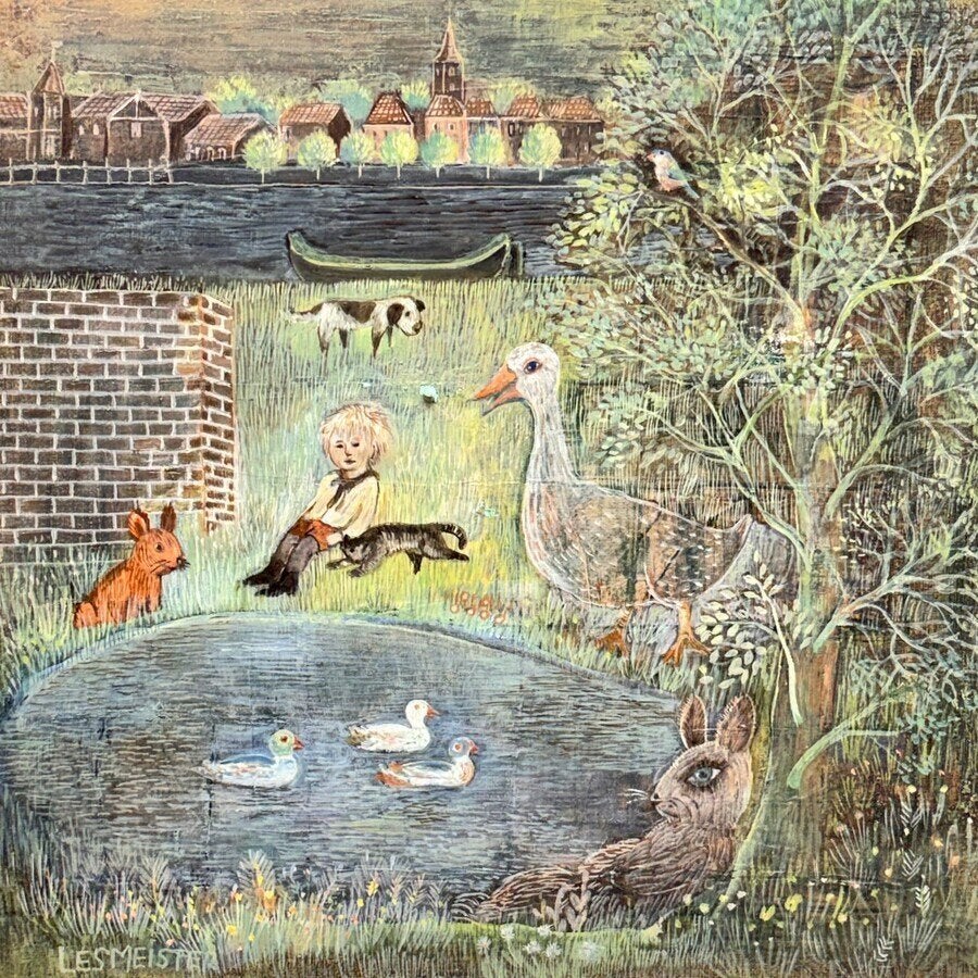 Lijdia Antonia Lesmeister (20e eeuw) Kindje met grote dieren, Antiek en Kunst, Ophalen of Verzenden