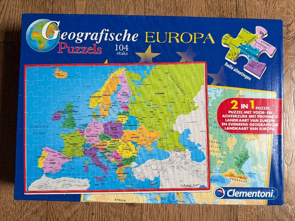 Geografie Europa dubbelzijdige puzzel 104 stukjes, Ophalen of Verzenden, Meer dan 50 stukjes, Zo goed als nieuw, 6 jaar of ouder