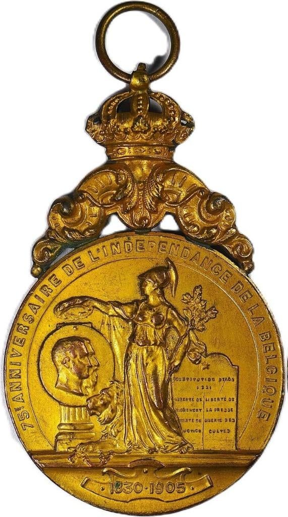België 1905 Leopold I en II, 75 jaar onafhankelijk VF, Postzegels en Munten, Penningen en Medailles, Ophalen of Verzenden, Overige materialen