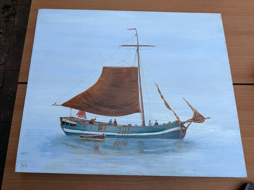 Maritiem schilderij van een zeilschip, gesigneerd Huke, Maritiem / water, Doek, Realistisch, Ophalen of Verzenden