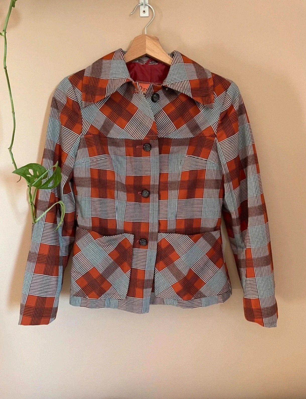 Vintage Odeva Karlovy Vary Jasje - Geruit Oranje/Blauw, Oranje, Ophalen of Verzenden, Zo goed als nieuw, Jasje