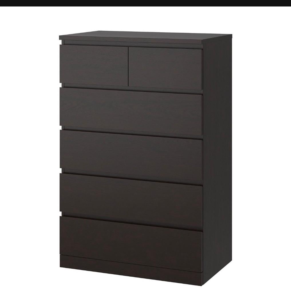 IKEA MALM Ladekast 6 lades zwartbruin 123x80 cm, Ophalen, 5 laden of meer, 100 tot 150 cm, 50 tot 100 cm