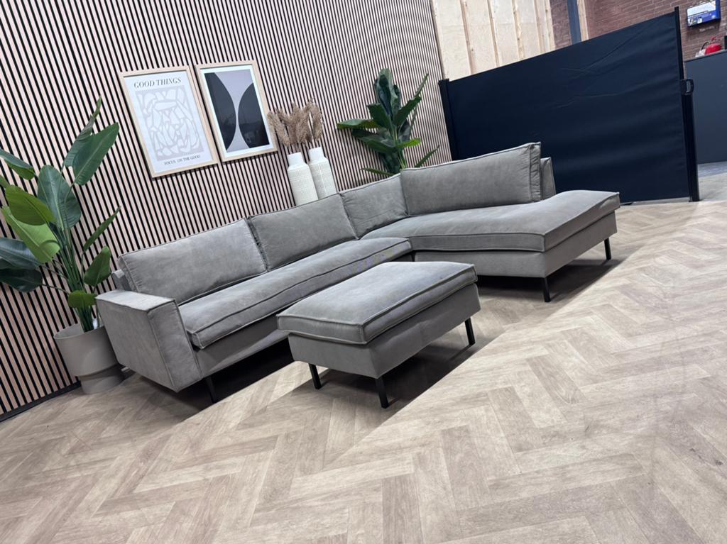 ZGAN Woood Ribstof Hoekbank met Hocker - Grijs - 280 x 195, Huis en Inrichting, 250 tot 300 cm, -, -, Hoekbank