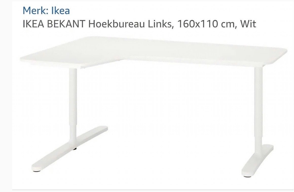 IKEA BEKANT BUREAU Hoekbureau Links, 160x110 cm, Wit, Ophalen, Spaanplaat of MDF, Hoekbureau, Zo goed als nieuw