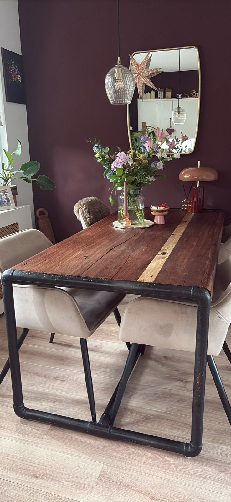 Industriele houten eettafel, Ophalen, 200 cm of meer, 50 tot 100 cm, Zo goed als nieuw