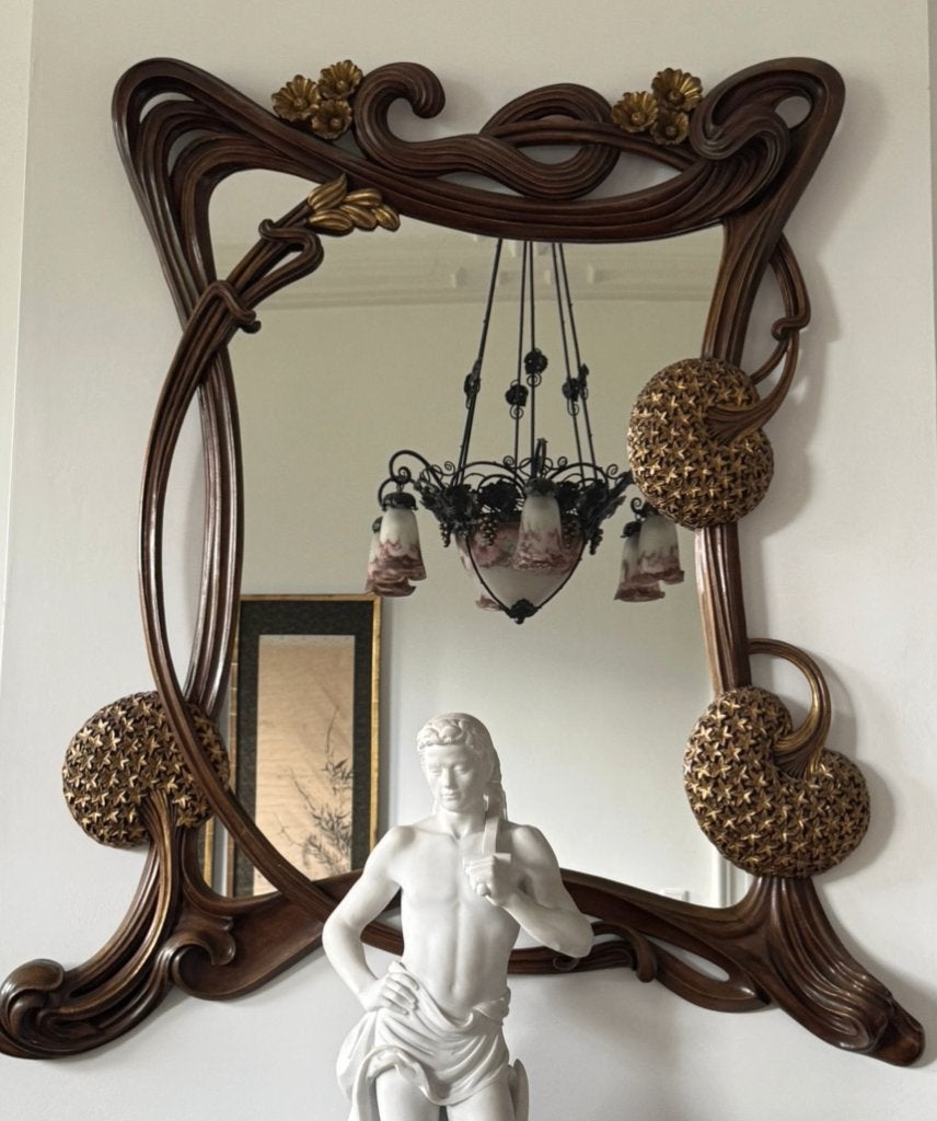 Grote Art Nouveau spiegel – gesneden hout, Ophalen of Verzenden, Rechthoekig